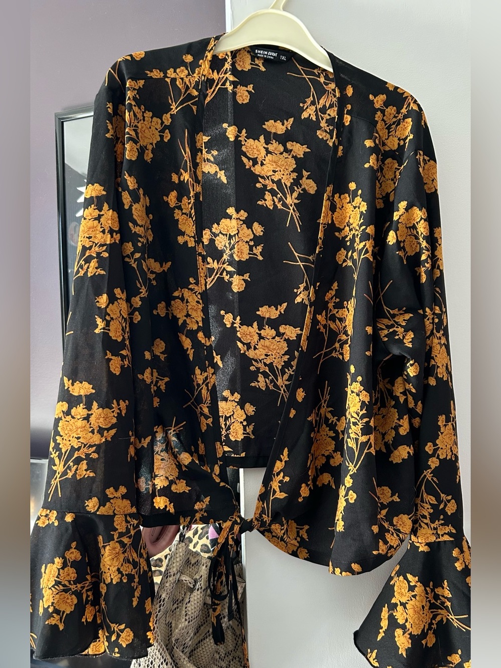 SHEIN Plus size Black Blouse with Mustard Floral Print